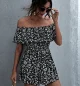 Ruffle Off Shoulder Shirred Waist Ditsy Floral Romper 1